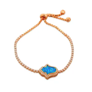 925 Sterling Silver Rose Gold-Tone White CZ Blue Simulated Opal Hamsa Adjustable Bracelet