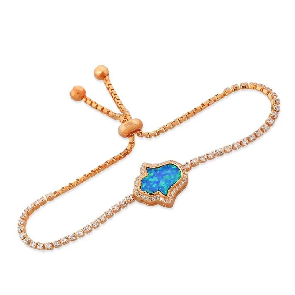 925 Sterling Silver Rose Gold-Tone White CZ Blue Simulated Opal Hamsa Adjustable Bracelet