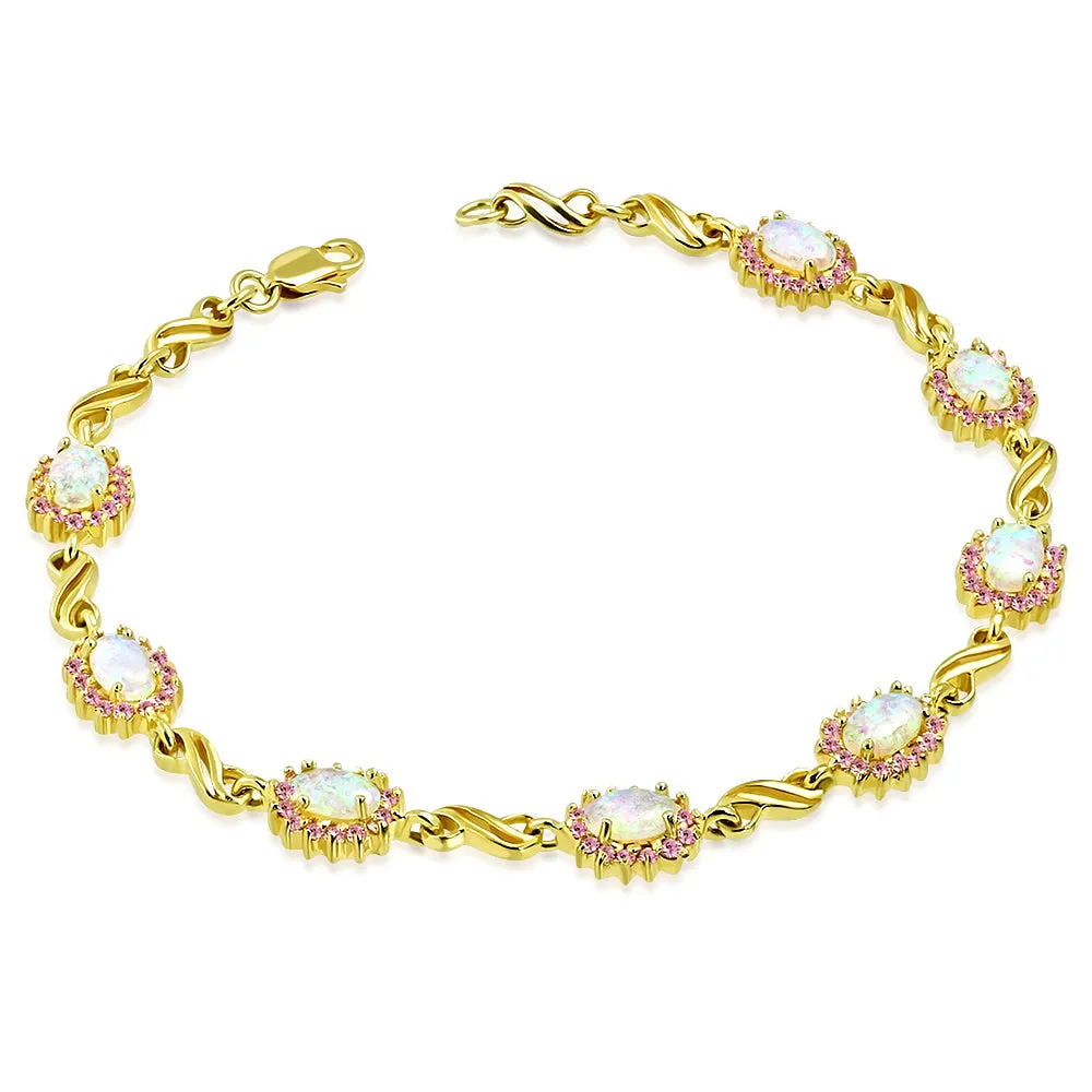925 Sterling Silver Yellow Gold-Tone White Pink Simulated Opal S-link Tennis Bracelet