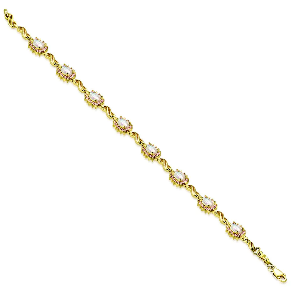 925 Sterling Silver Yellow Gold-Tone White Pink Simulated Opal S-link Tennis Bracelet