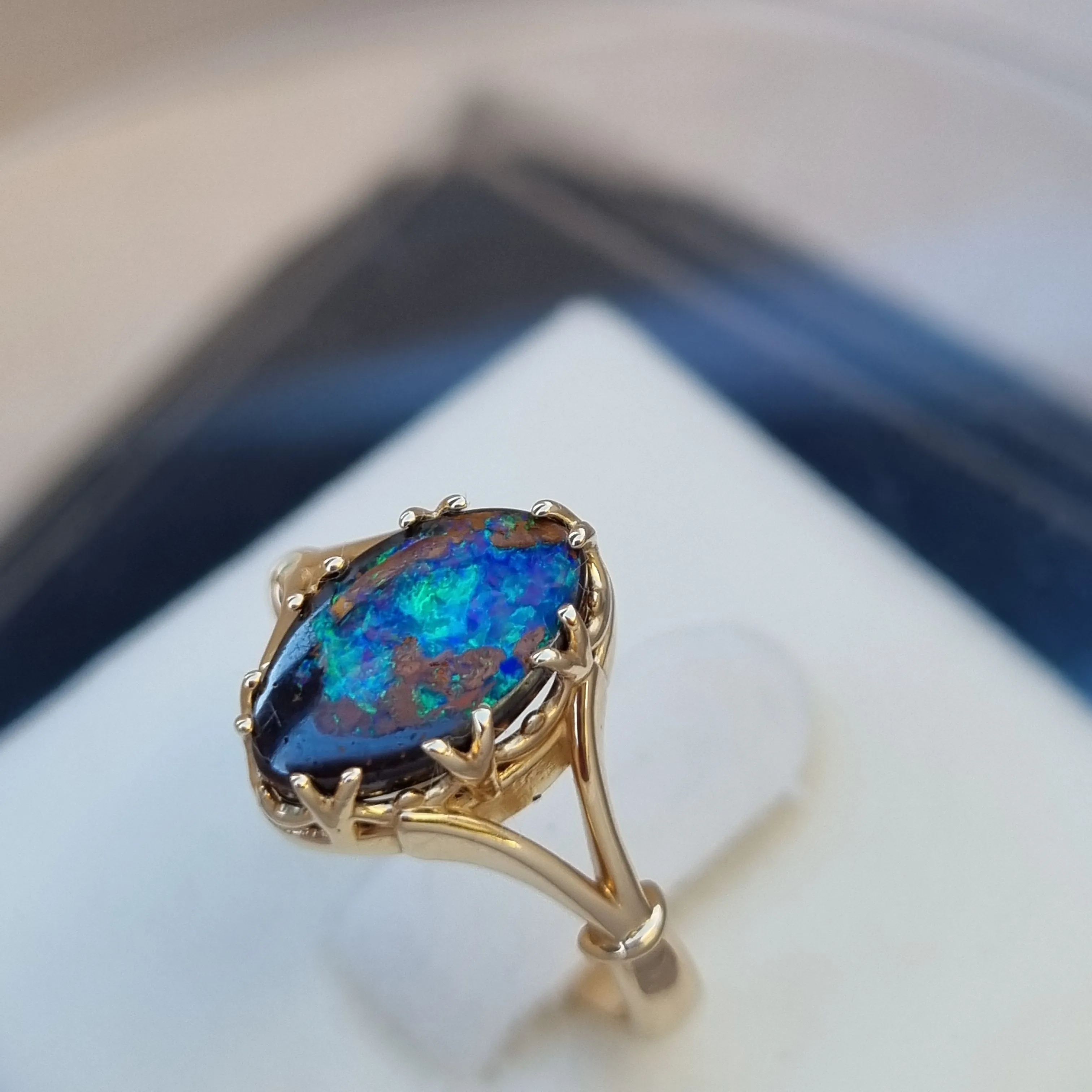 Antique Gallery Style Queensland 'Rock Pool' Boulder Opal Solitaire ring     Design Ref:  Y-gallerystrip