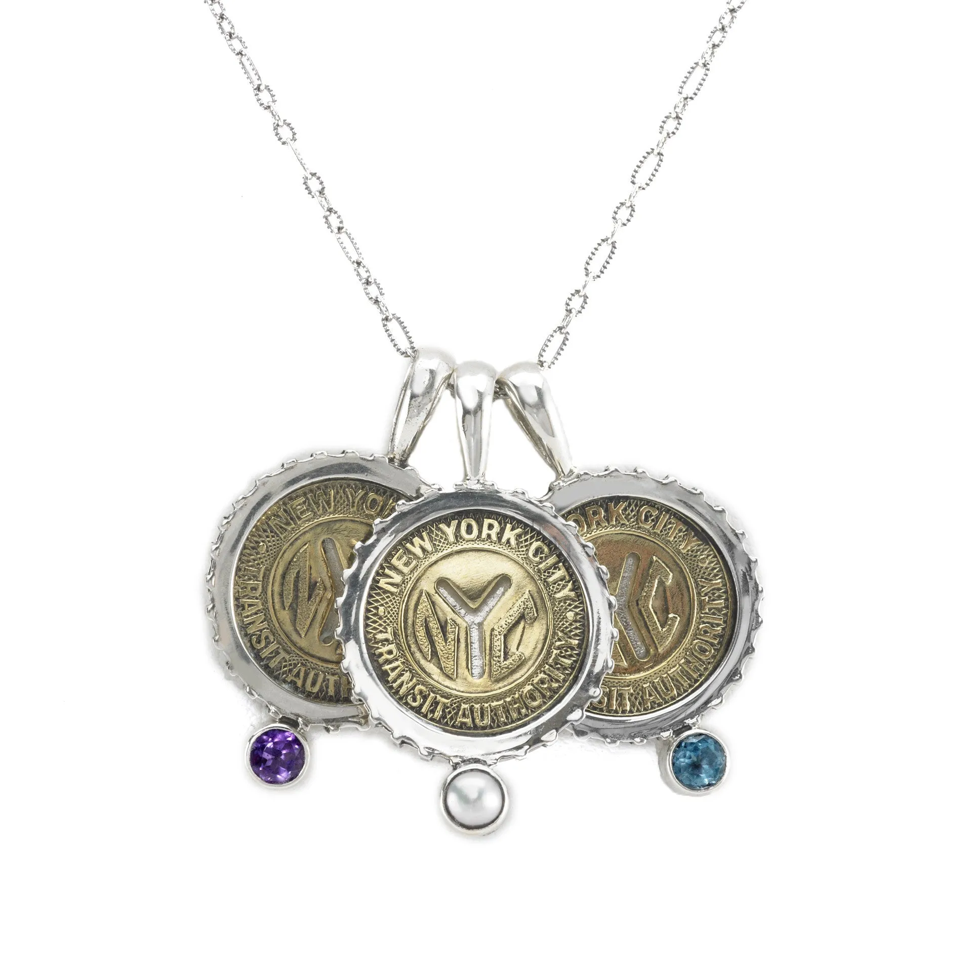 April NYC Authentic Subway Token White Topaz Sterling Silver Charm Necklace