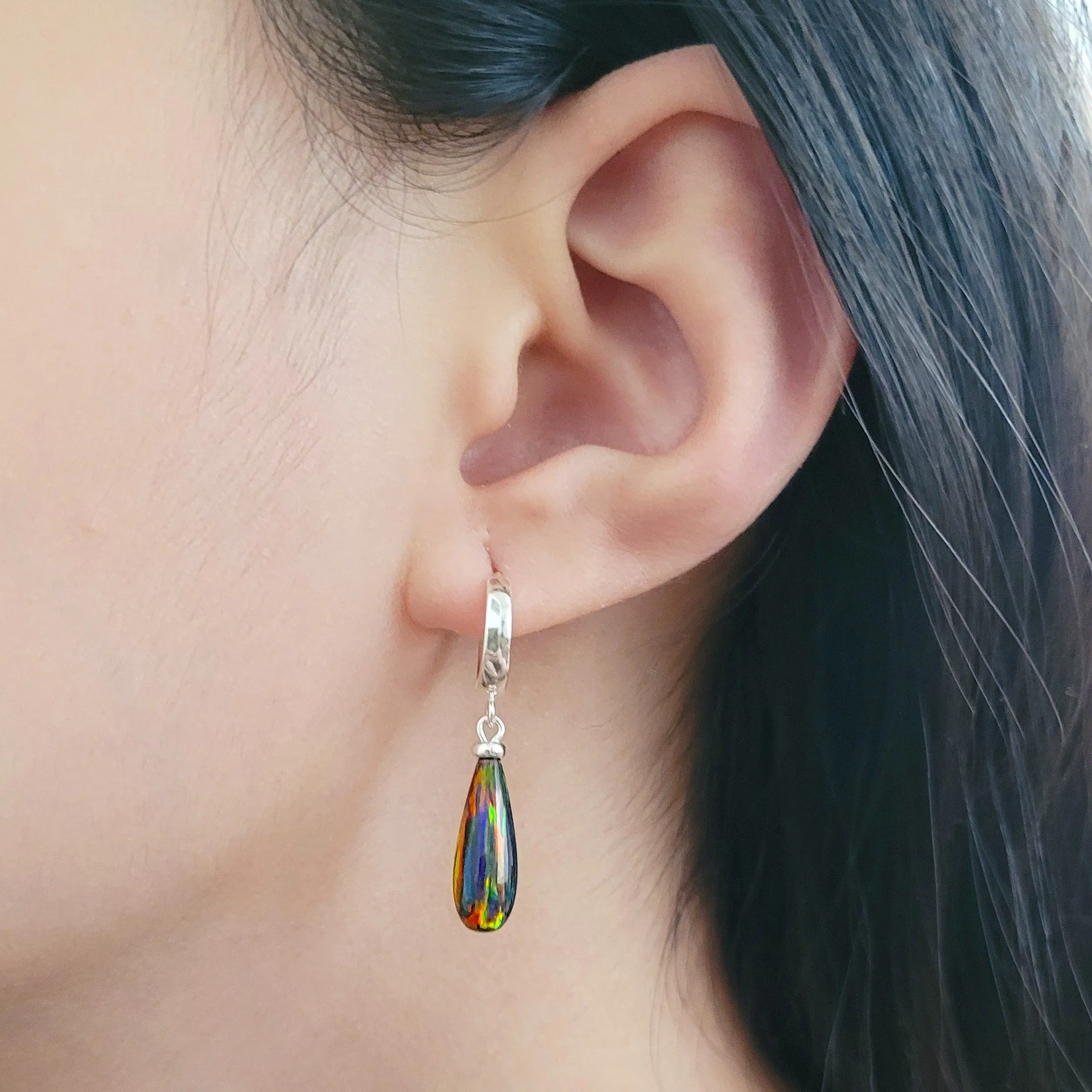 Black Opal Hoop Huggie Earrings