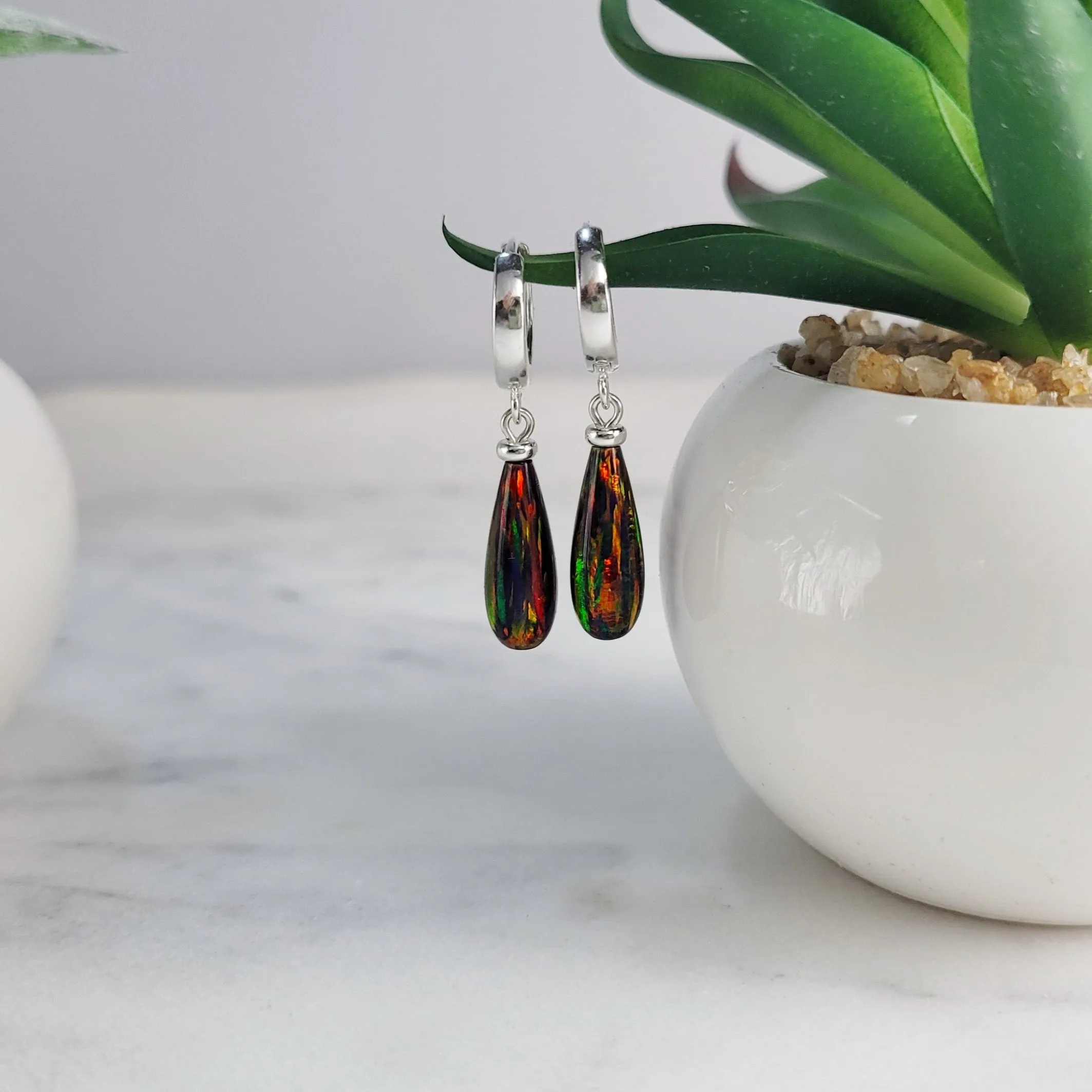Black Opal Hoop Huggie Earrings