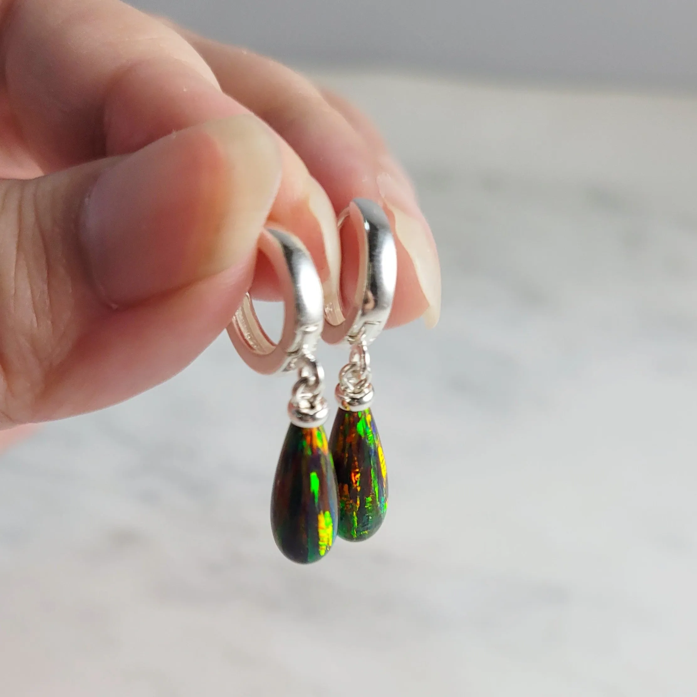 Black Opal Hoop Huggie Earrings