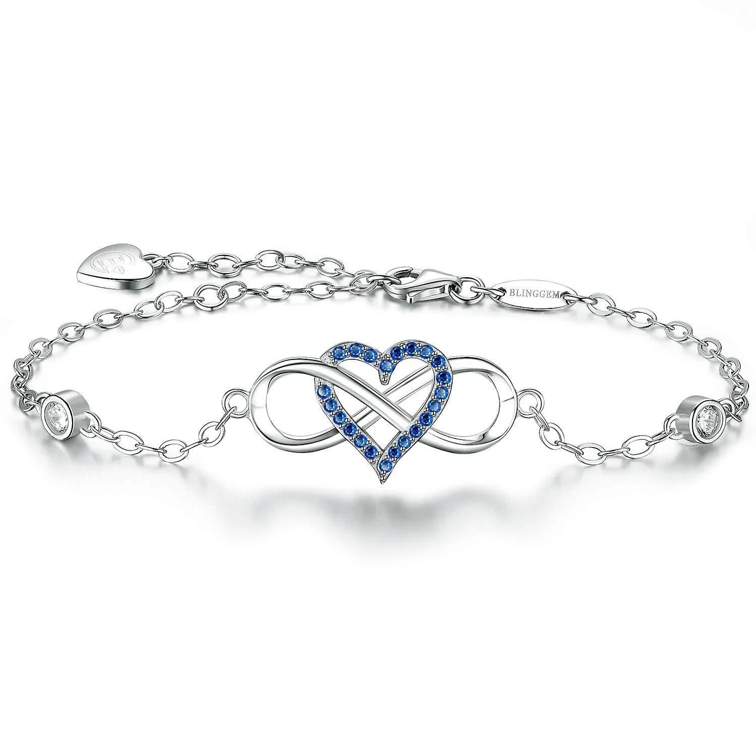 BlingGem Silver Bracelet for Women 925 Sterling Silver Round Cubic Zirconia Infinity Heart Charm Blue Color Gemstone Bracelet Birthday for Women Wife Mom C-blue Zircon