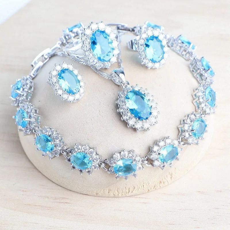 Blue Women Bridal Jewelry Sets Silver Wedding Jewelry