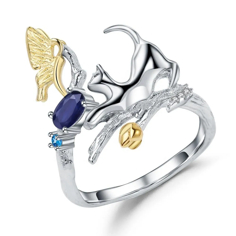 Cat and Butterfly Fine Sterling Silver Jewelry, Genuine Gemstone-Necklace, Earrings, Ring or SET