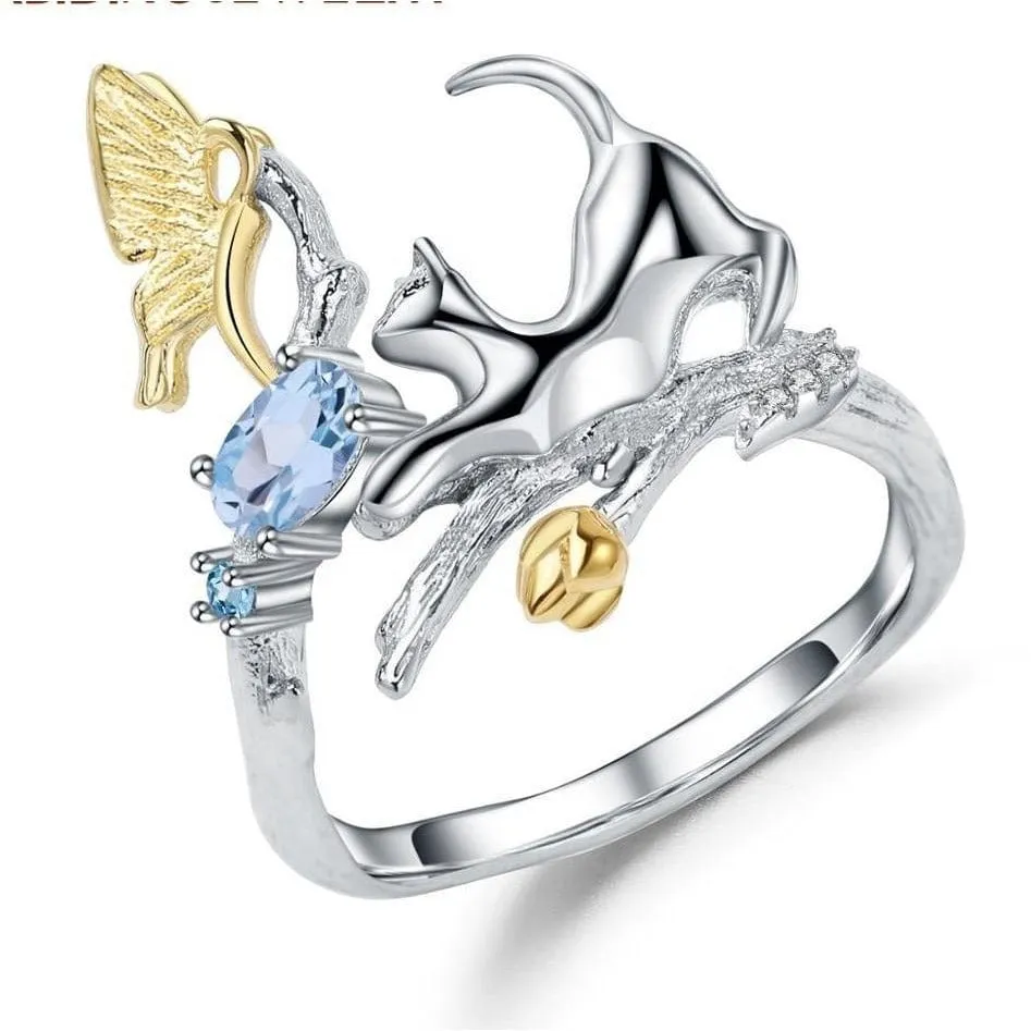 Cat and Butterfly Fine Sterling Silver Jewelry, Genuine Gemstone-Necklace, Earrings, Ring or SET