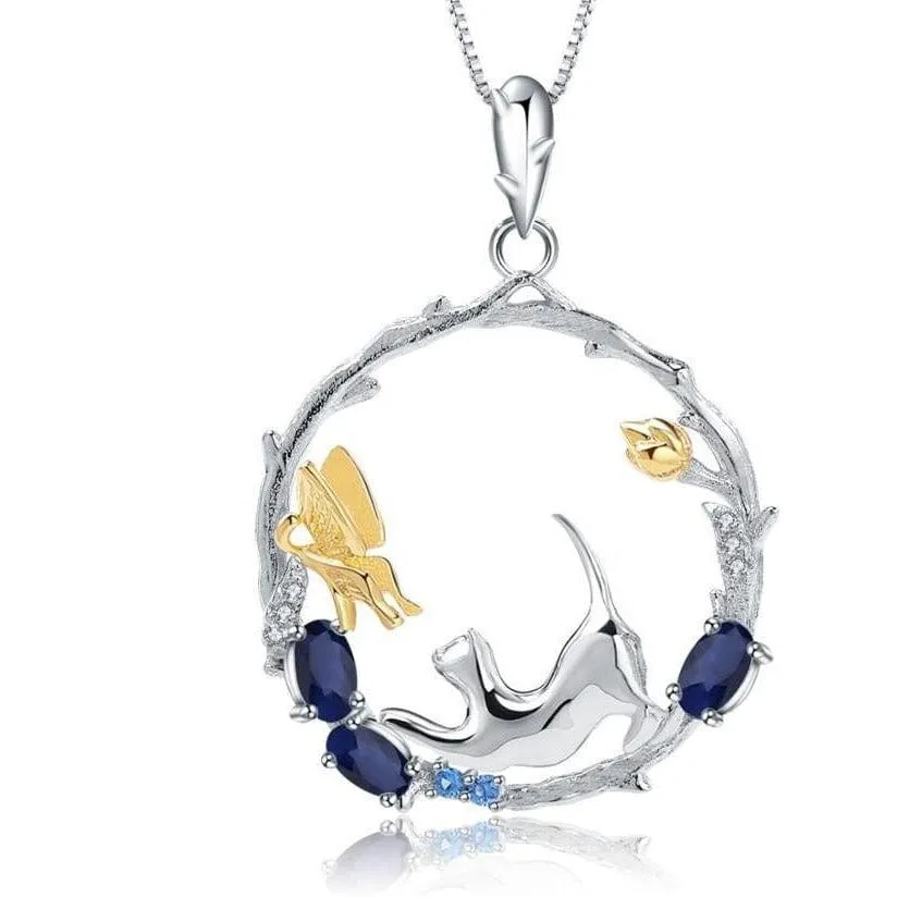 Cat and Butterfly Fine Sterling Silver Jewelry, Genuine Gemstone-Necklace, Earrings, Ring or SET