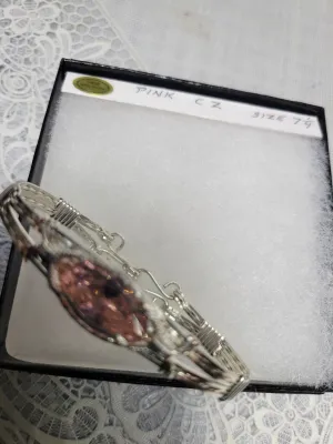 Custom Wire Wrapped Pink CZ Bracelet Size 7 1/4 Sterling Silver