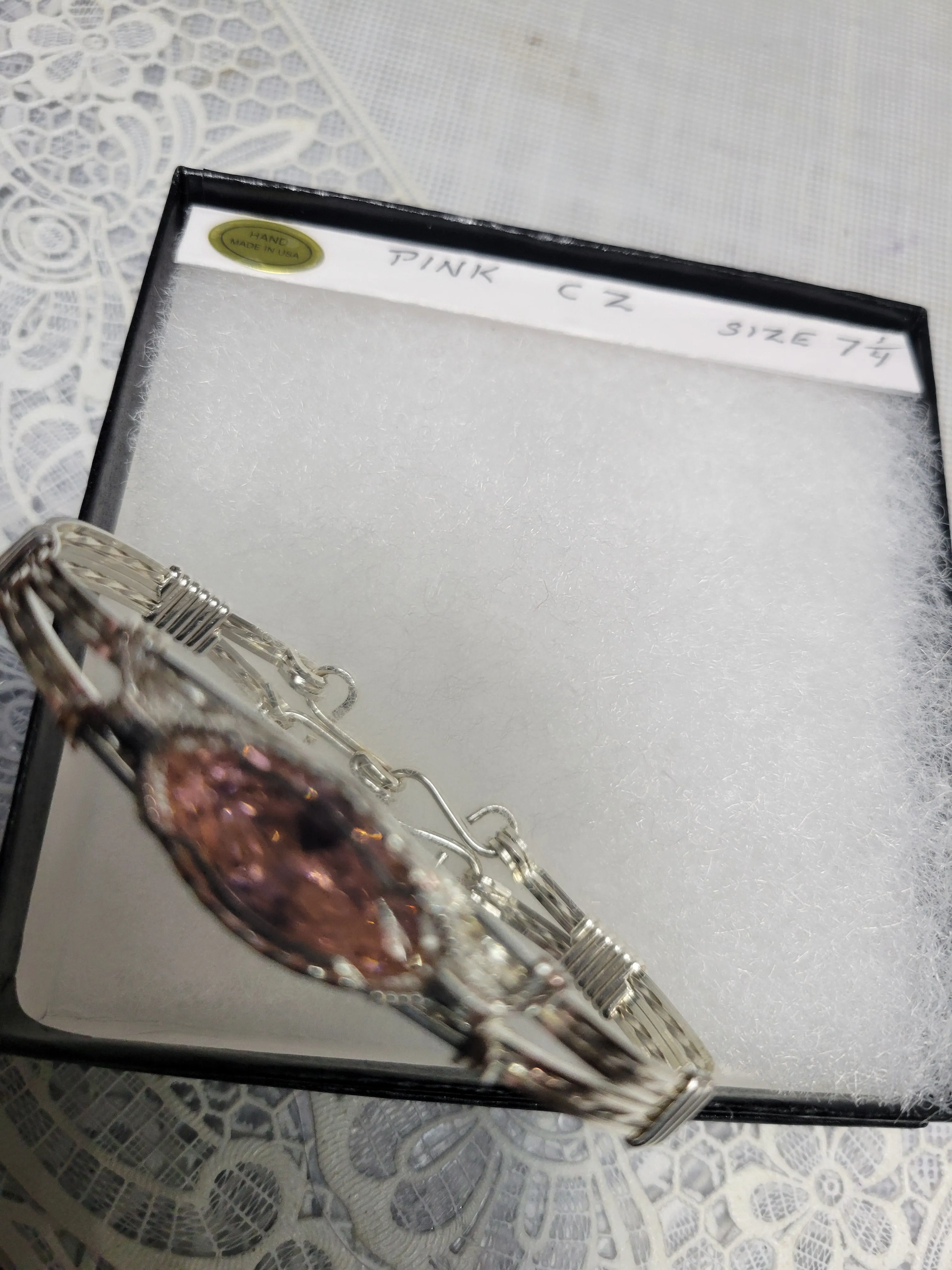 Custom Wire Wrapped Pink CZ Bracelet Size 7 1/4 Sterling Silver