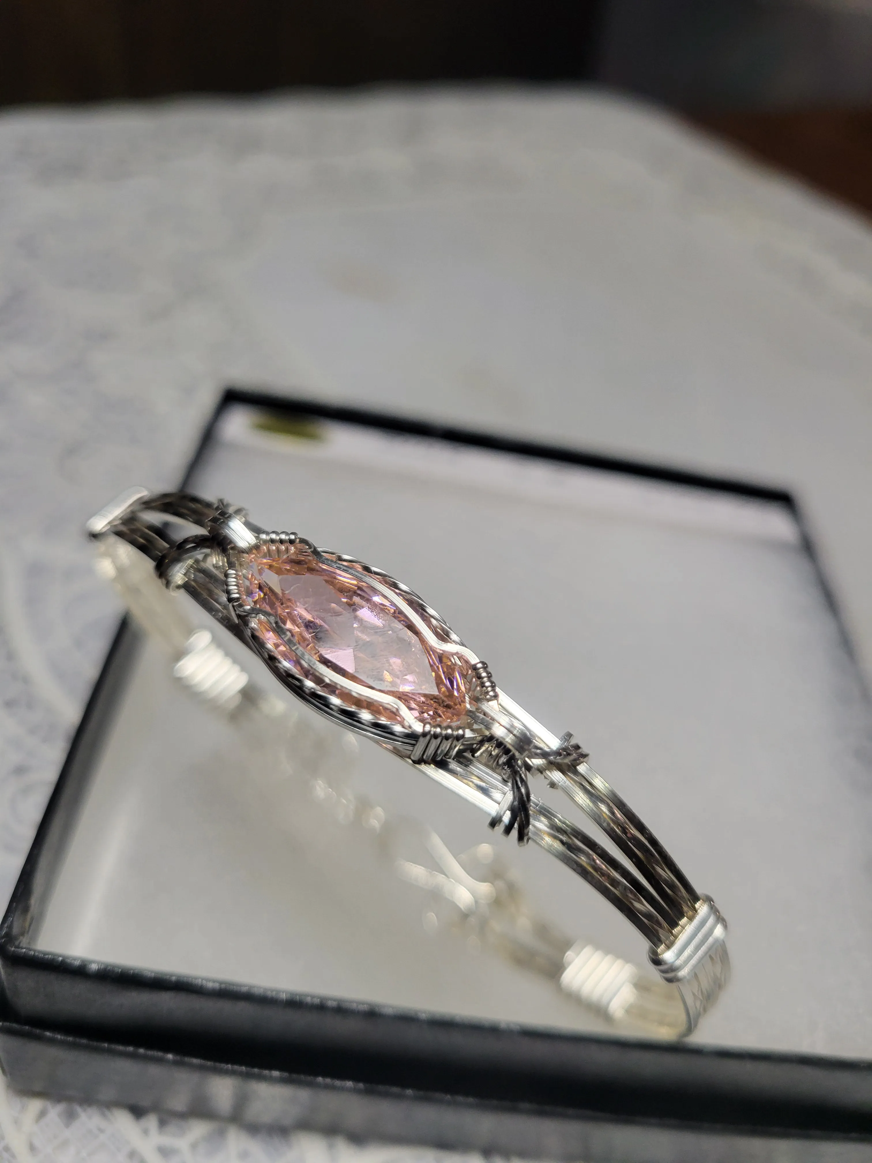 Custom Wire Wrapped Pink CZ Bracelet Size 7 1/4 Sterling Silver