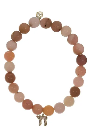 Diamond Chai Charm Pink Opal Bead Bracelet