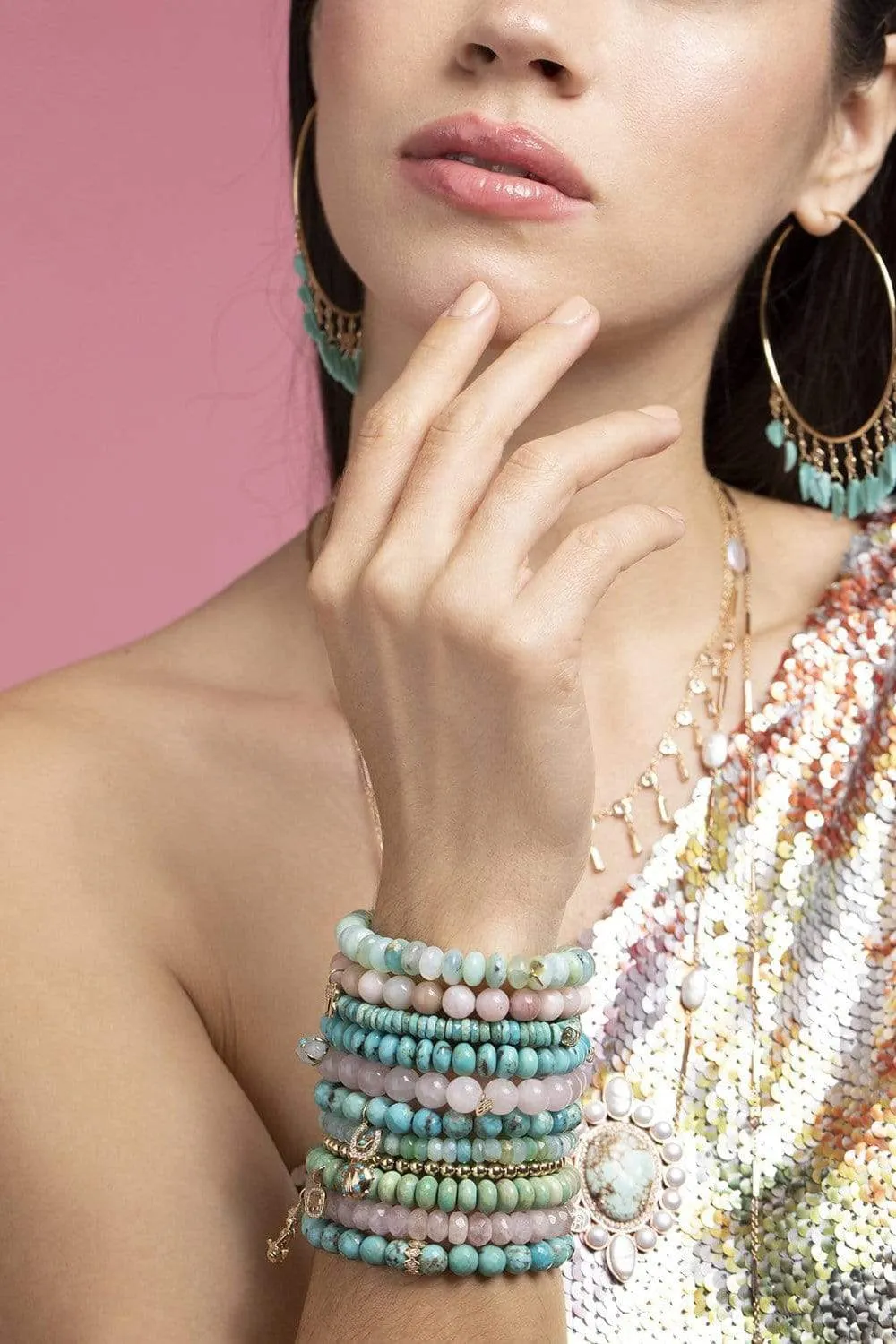Diamond Chai Charm Pink Opal Bead Bracelet