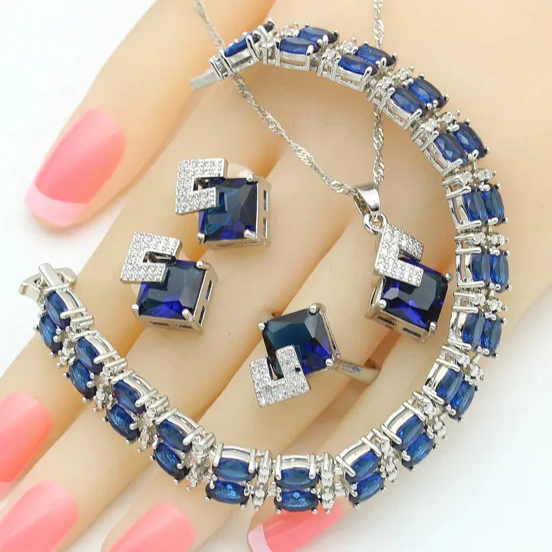 Geometric Blue Zircon Silver Color Wedding Jewelry Sets For Women