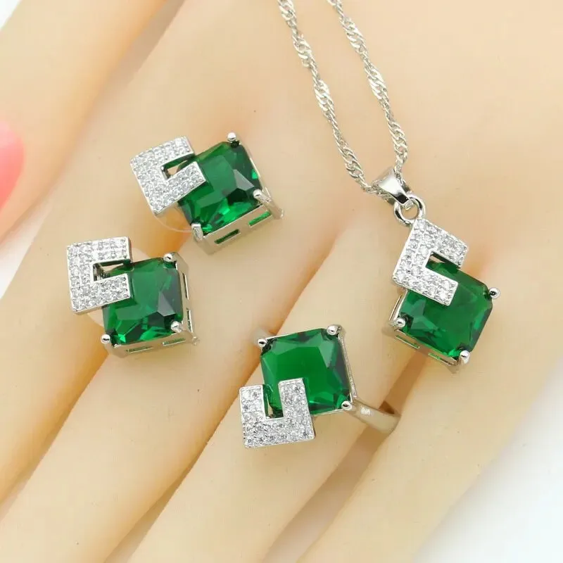 Geometric Blue Zircon Silver Color Wedding Jewelry Sets For Women