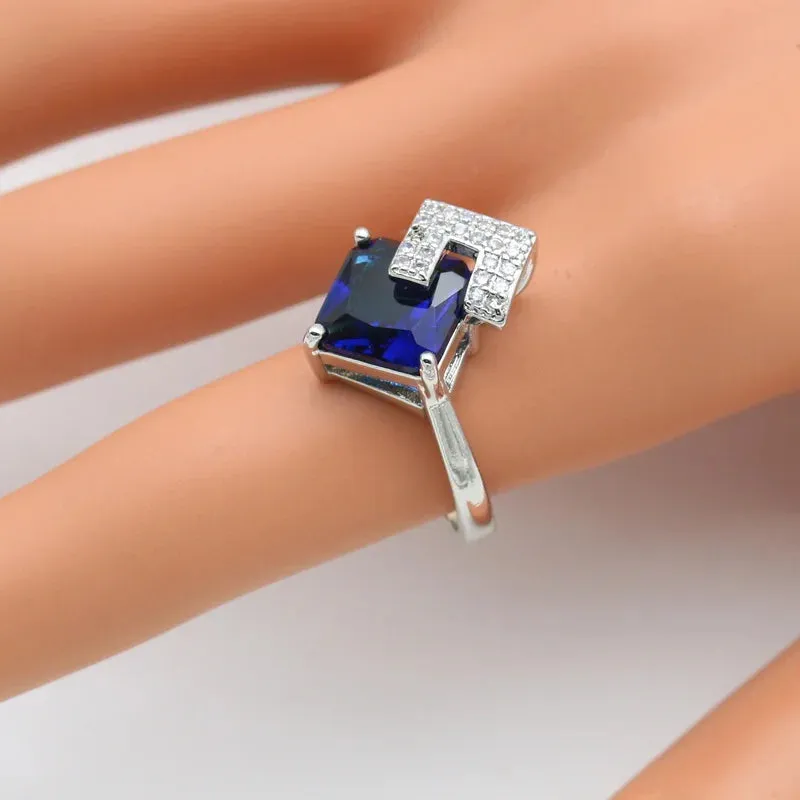 Geometric Blue Zircon Silver Color Wedding Jewelry Sets For Women