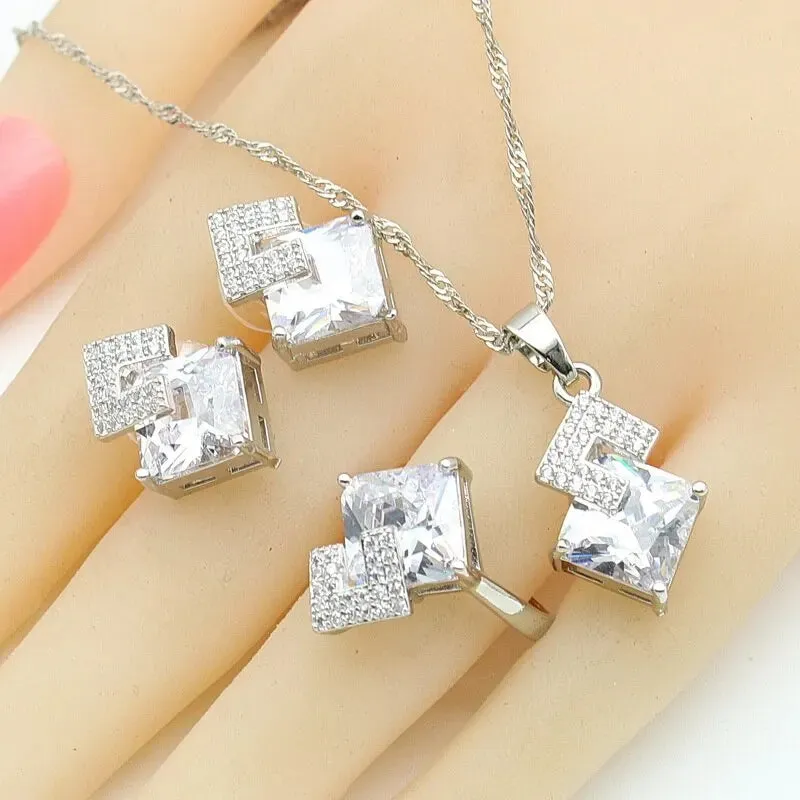 Geometric Blue Zircon Silver Color Wedding Jewelry Sets For Women