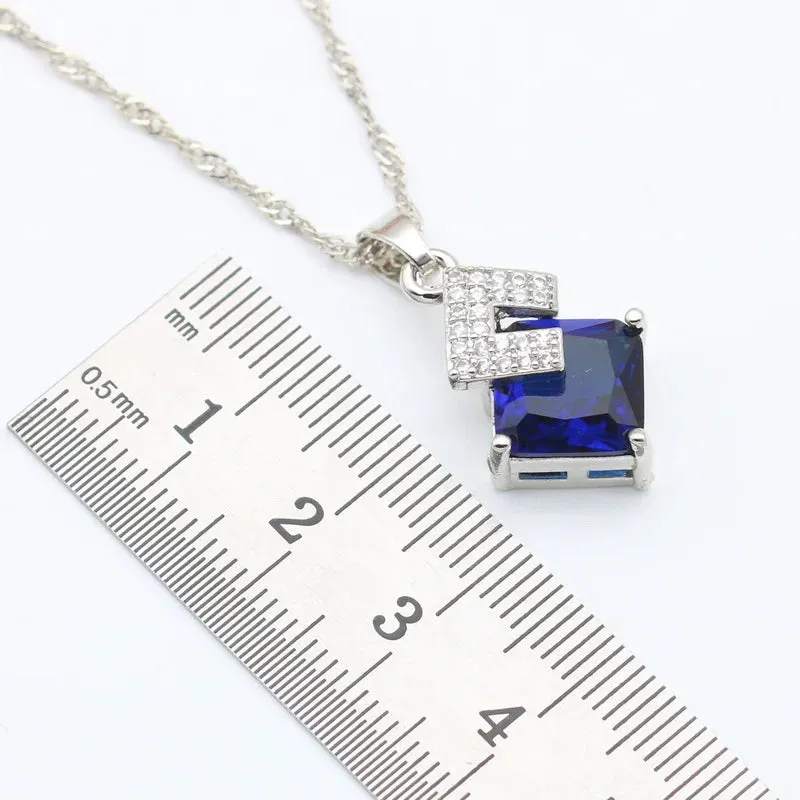 Geometric Blue Zircon Silver Color Wedding Jewelry Sets For Women
