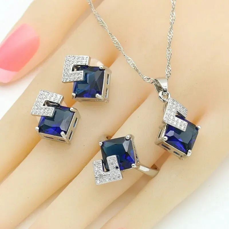 Geometric Blue Zircon Silver Color Wedding Jewelry Sets For Women