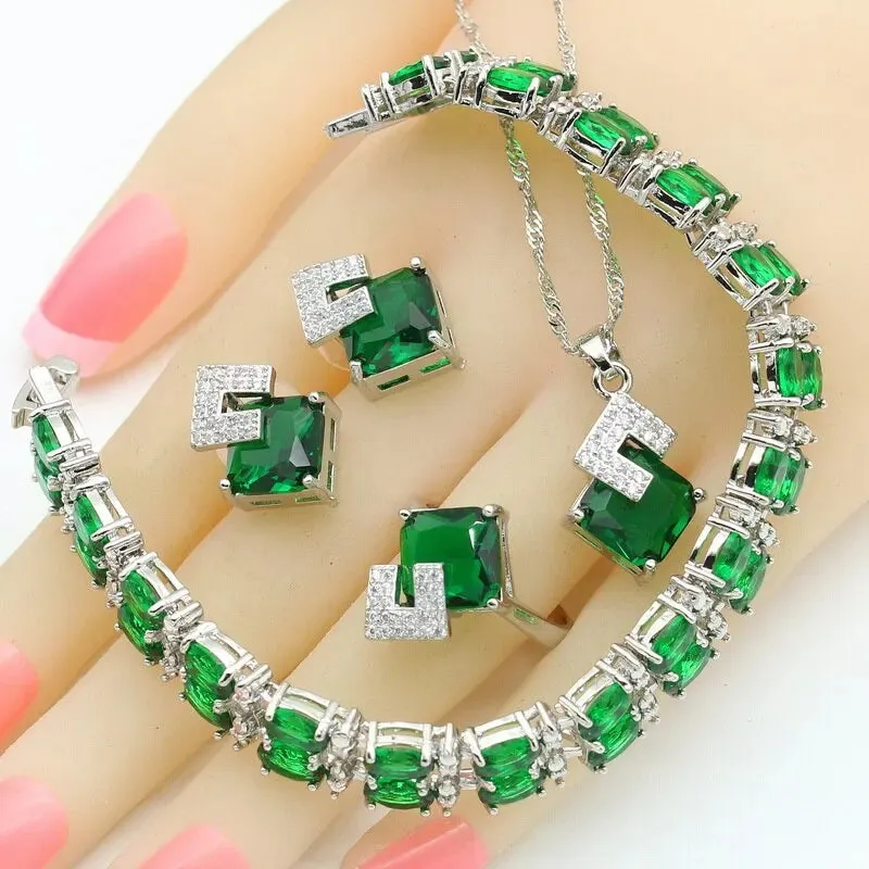 Geometric Blue Zircon Silver Color Wedding Jewelry Sets For Women