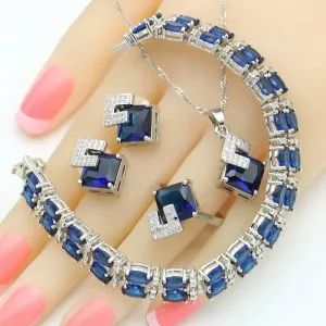 Geometric Blue Zircon Silver Color Wedding Jewelry Sets For Women
