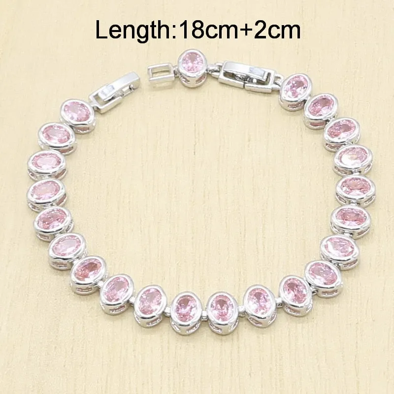 Geometric Pink Zircon Bracelet Earrings Necklace Pendant Ring Wedding Set