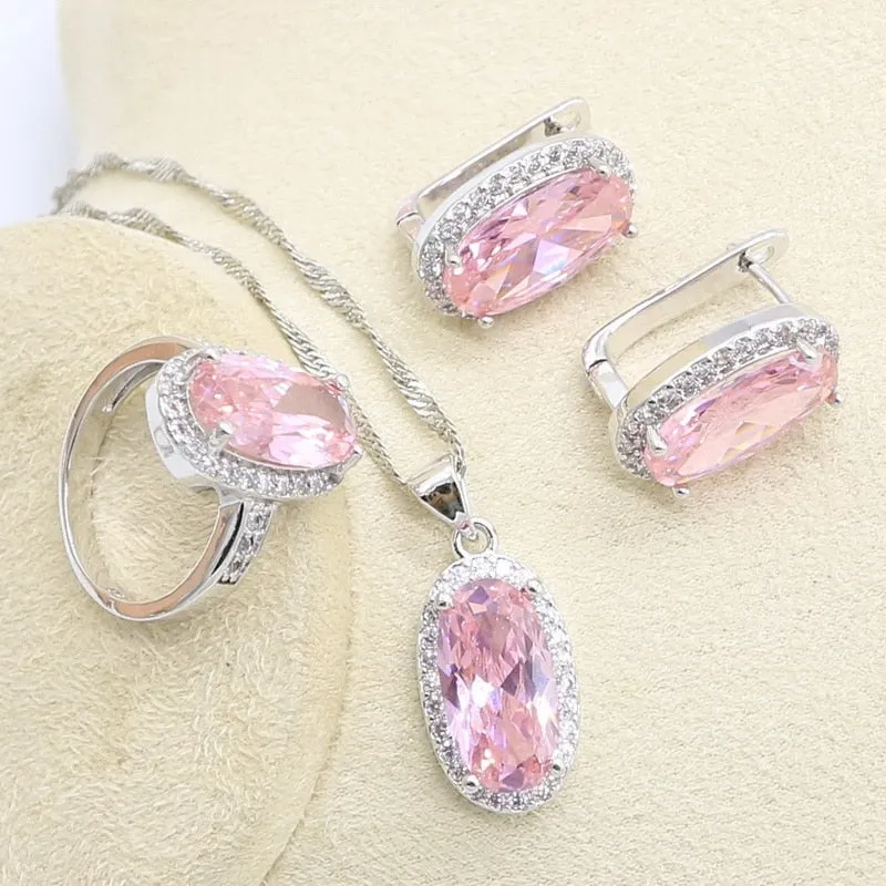 Geometric Pink Zircon Bracelet Earrings Necklace Pendant Ring Wedding Set