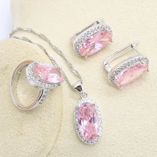 Geometric Pink Zircon Bracelet Earrings Necklace Pendant Ring Wedding Set