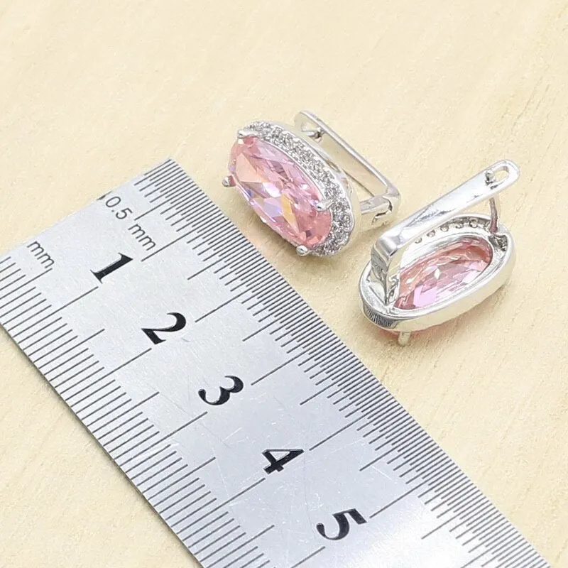 Geometric Pink Zircon Bracelet Earrings Necklace Pendant Ring Wedding Set
