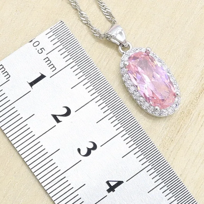 Geometric Pink Zircon Bracelet Earrings Necklace Pendant Ring Wedding Set