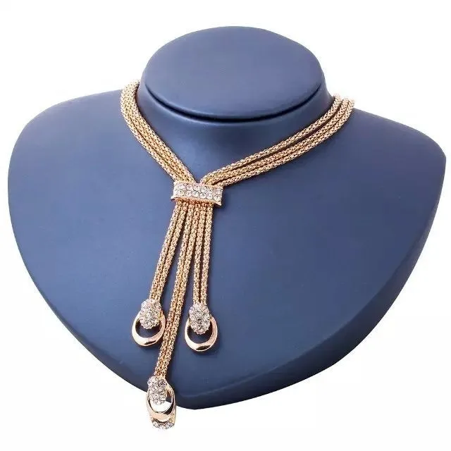 Gold Plated Crystal Zircon Metal Chain Necklace Bracelet Earring Ring Set