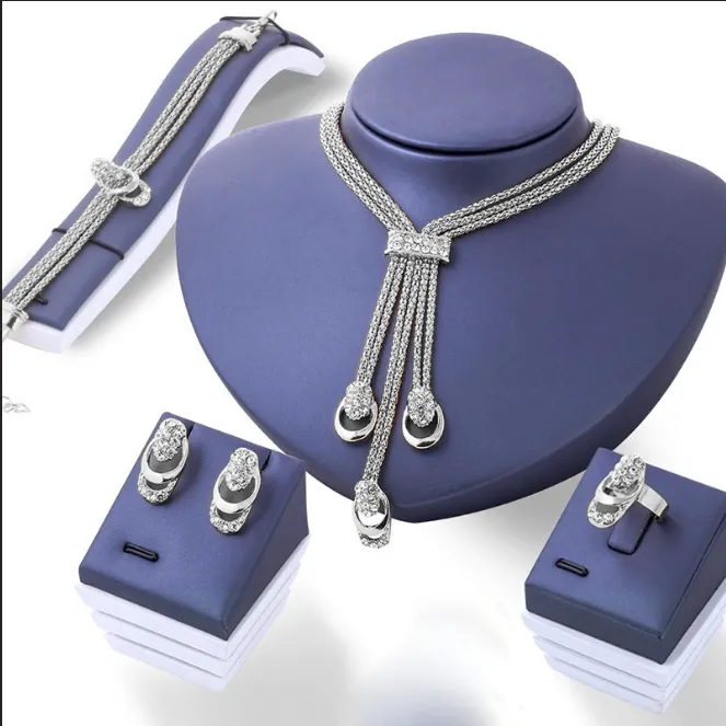 Gold Plated Crystal Zircon Metal Chain Necklace Bracelet Earring Ring Set