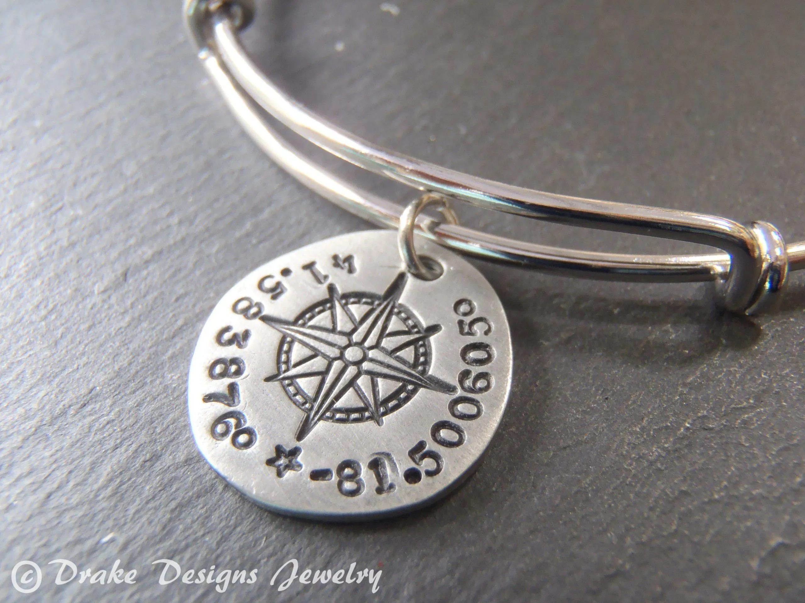 GPS coordinate bangle bracelet for her - womens's personalized compass jewelry