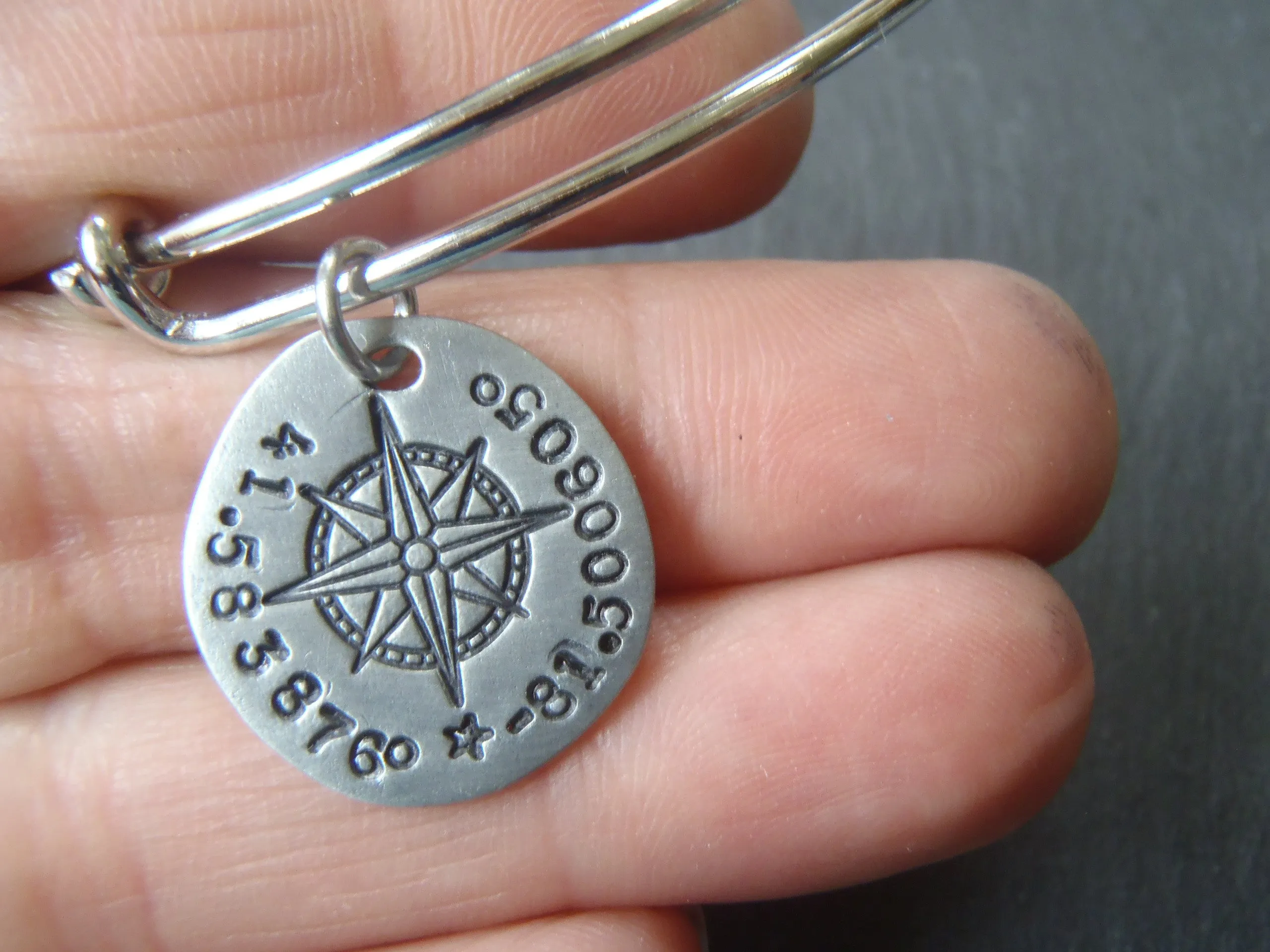 GPS coordinate bangle bracelet for her - womens's personalized compass jewelry