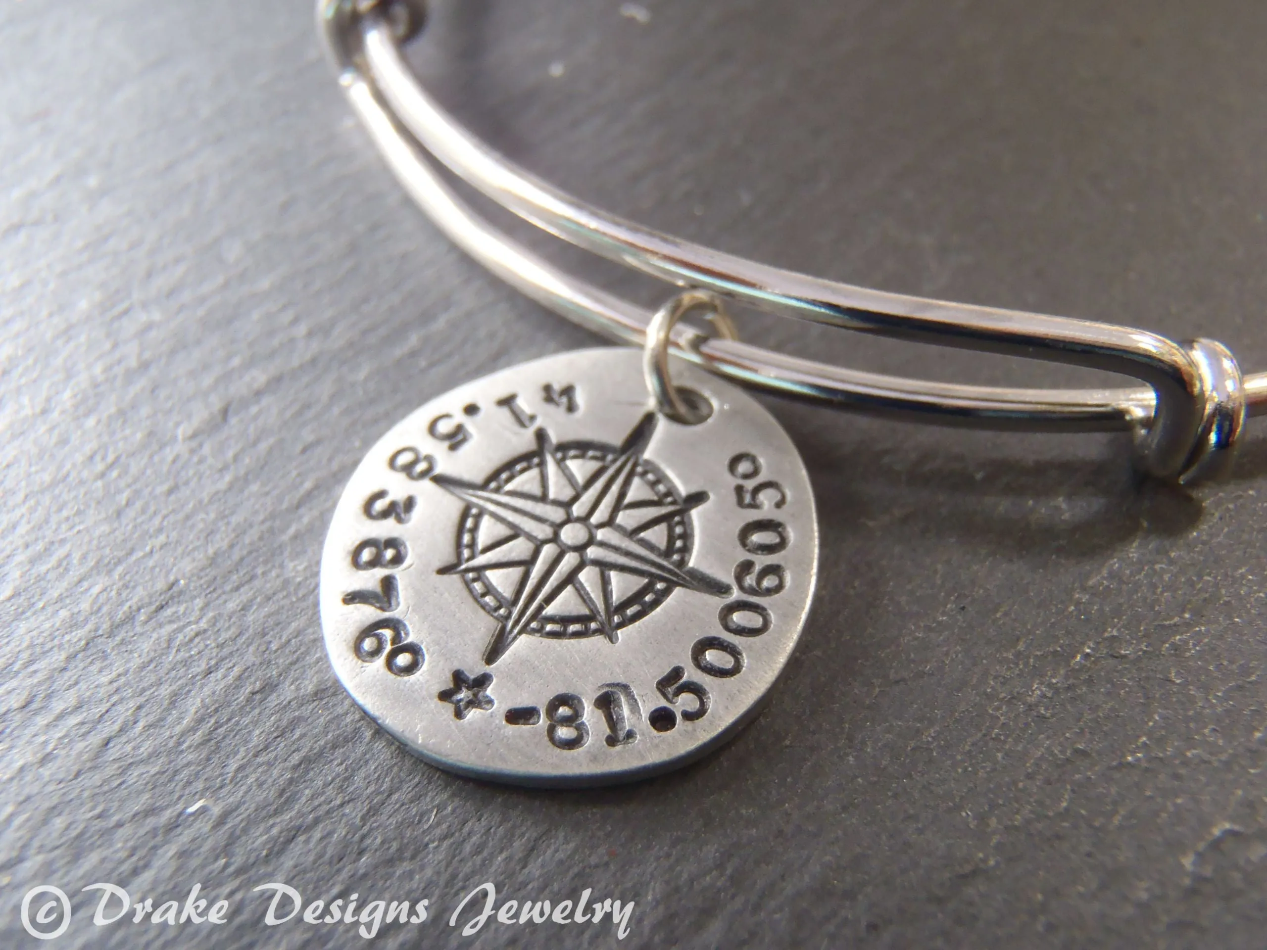 GPS coordinate bangle bracelet for her - womens's personalized compass jewelry