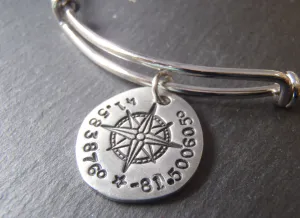 GPS coordinate bangle bracelet for her - womens's personalized compass jewelry