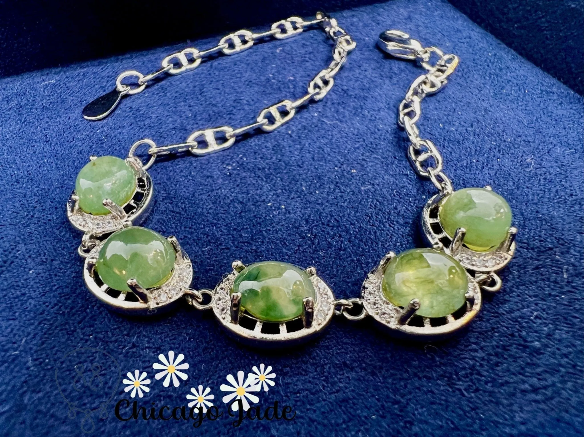 Green Jadeite Sterling Silver Oval Zircon Set Bracelet
