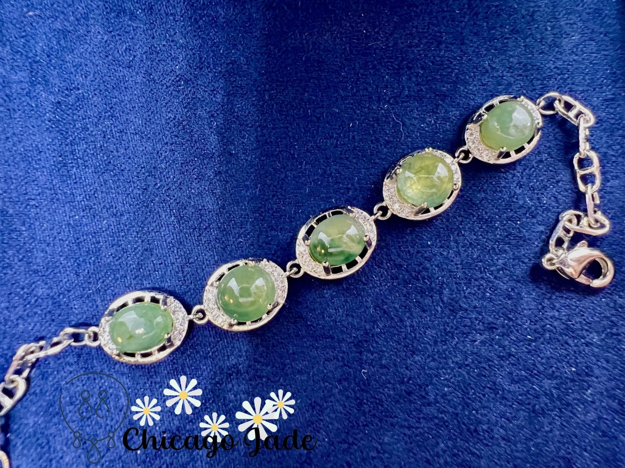 Green Jadeite Sterling Silver Oval Zircon Set Bracelet