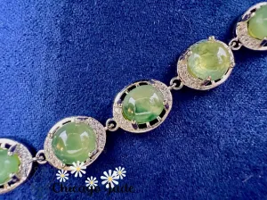Green Jadeite Sterling Silver Oval Zircon Set Bracelet