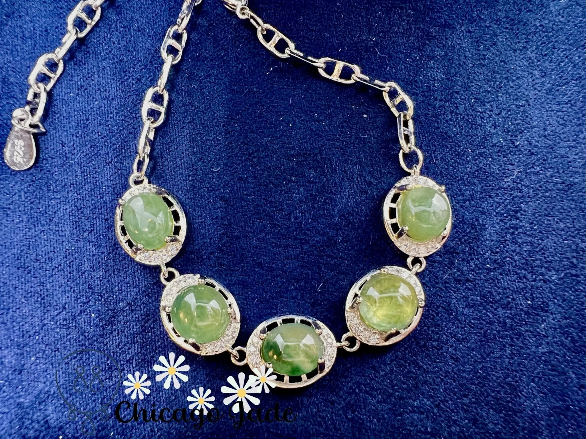 Green Jadeite Sterling Silver Oval Zircon Set Bracelet