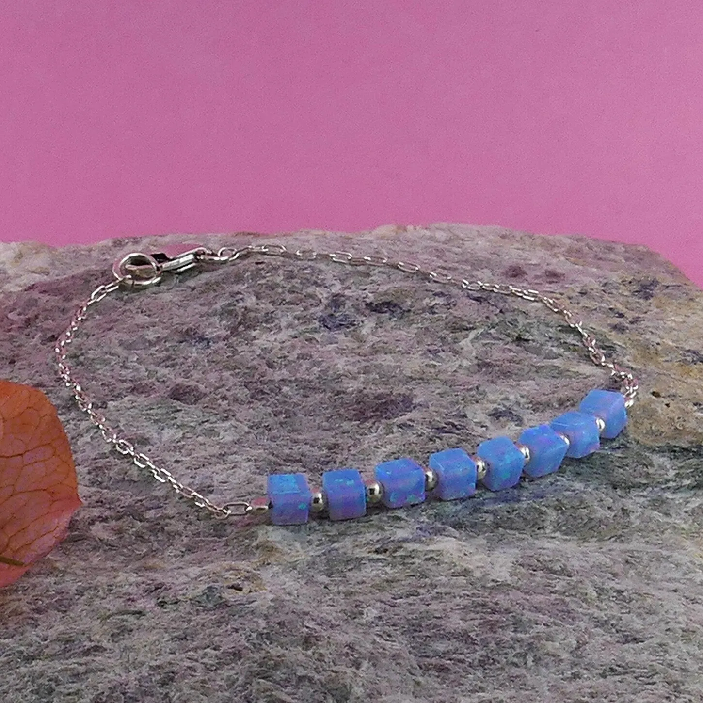 Handmade Blue Opal Beads Bracelet  925 Sterling Silver