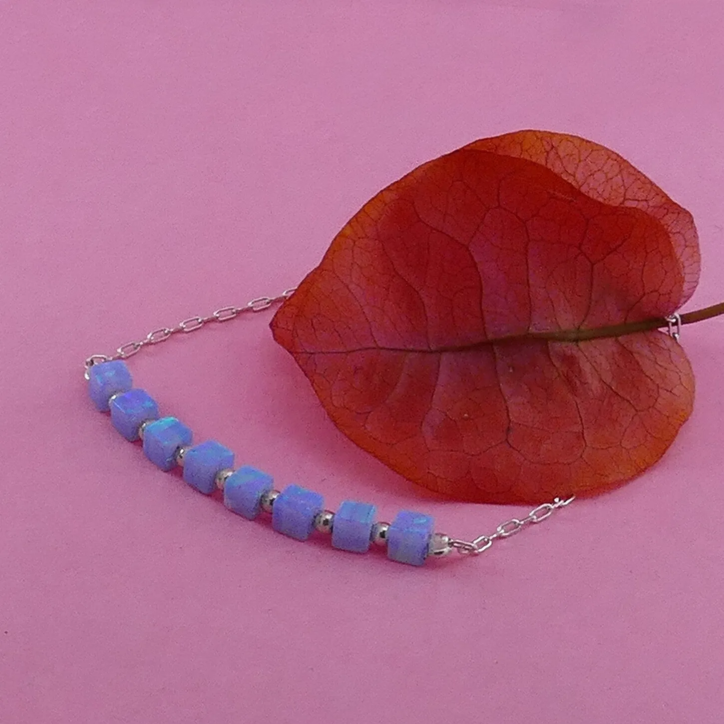 Handmade Blue Opal Beads Bracelet  925 Sterling Silver