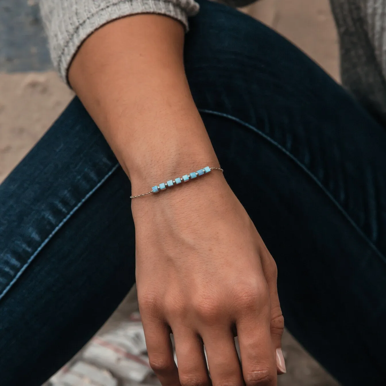 Handmade Blue Opal Beads Bracelet  925 Sterling Silver