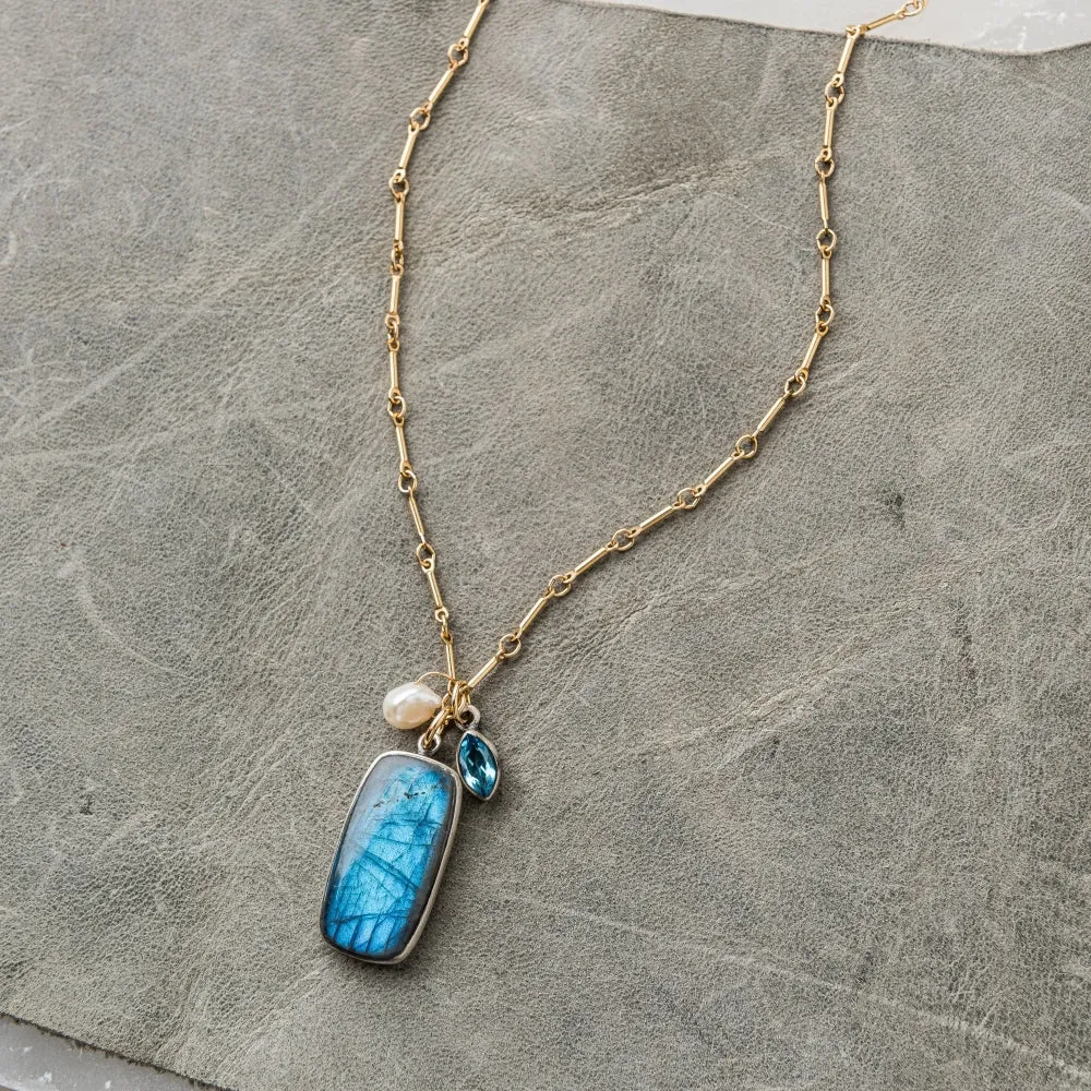 Labradorite Rectangle Necklace with Pearl and Topaz on Bar Chain