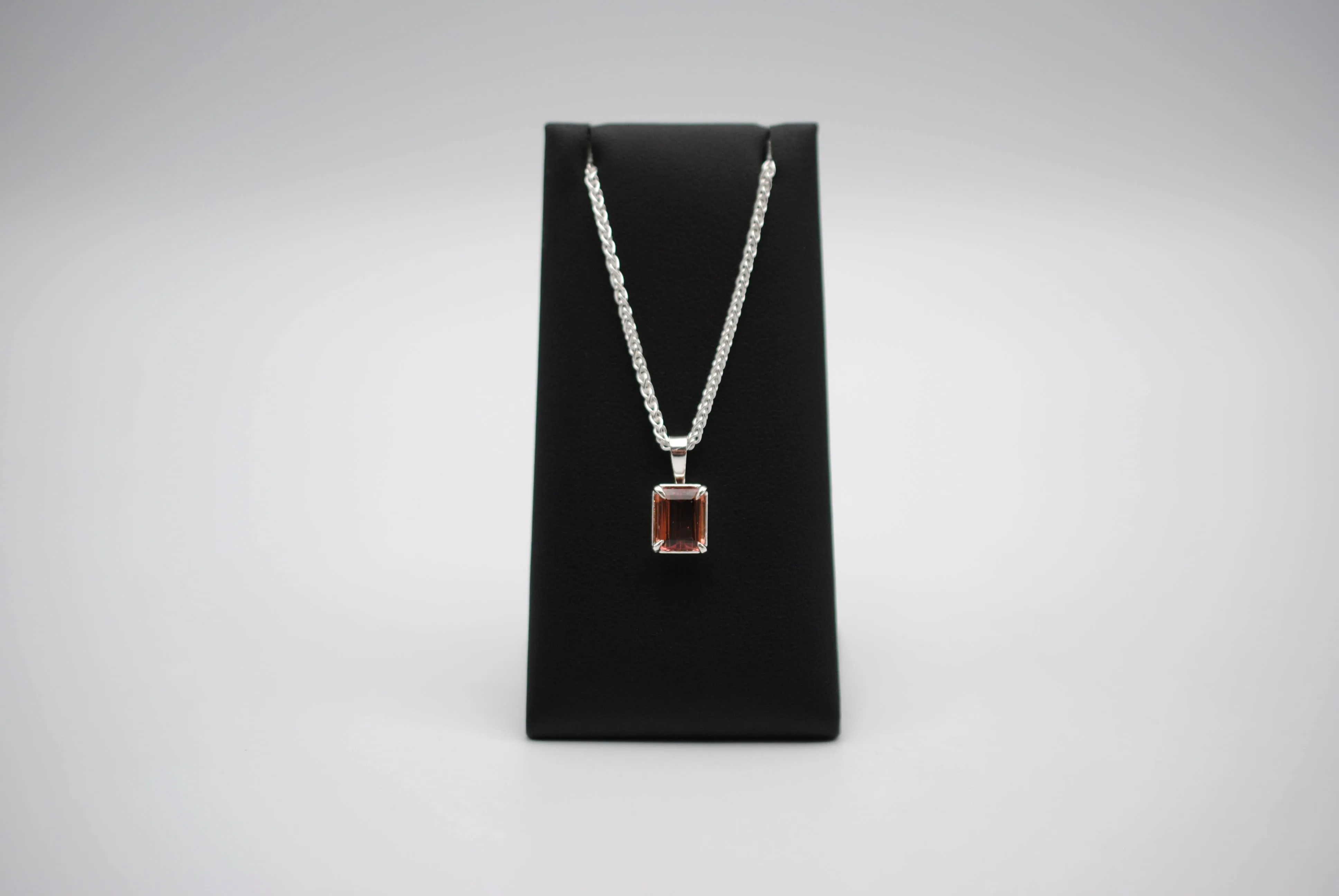 Pink Tourmaline Necklace: Emerald Cut, Silver Leaf Basket Setting, Silver Wheat Chain
