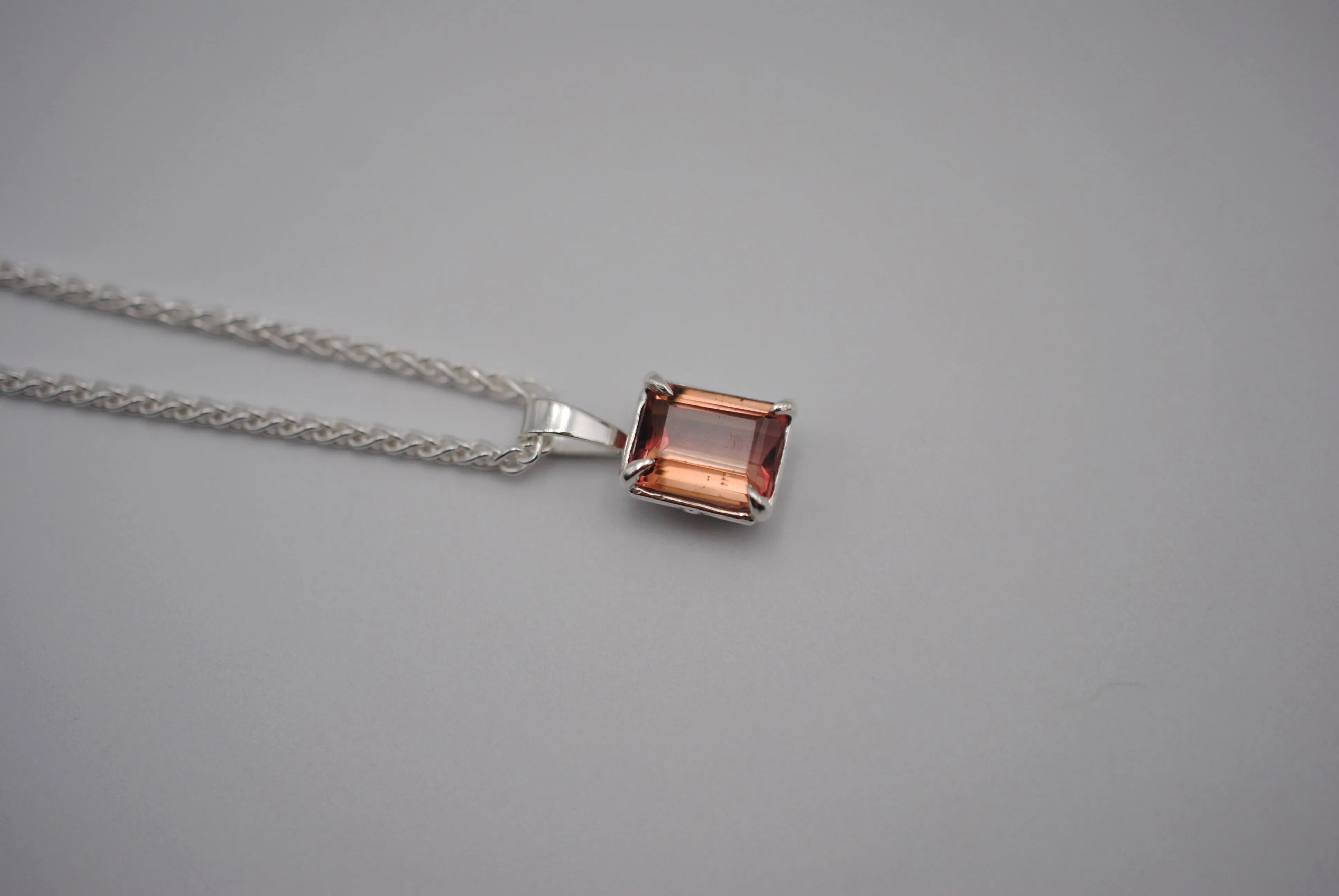 Pink Tourmaline Necklace: Emerald Cut, Silver Leaf Basket Setting, Silver Wheat Chain