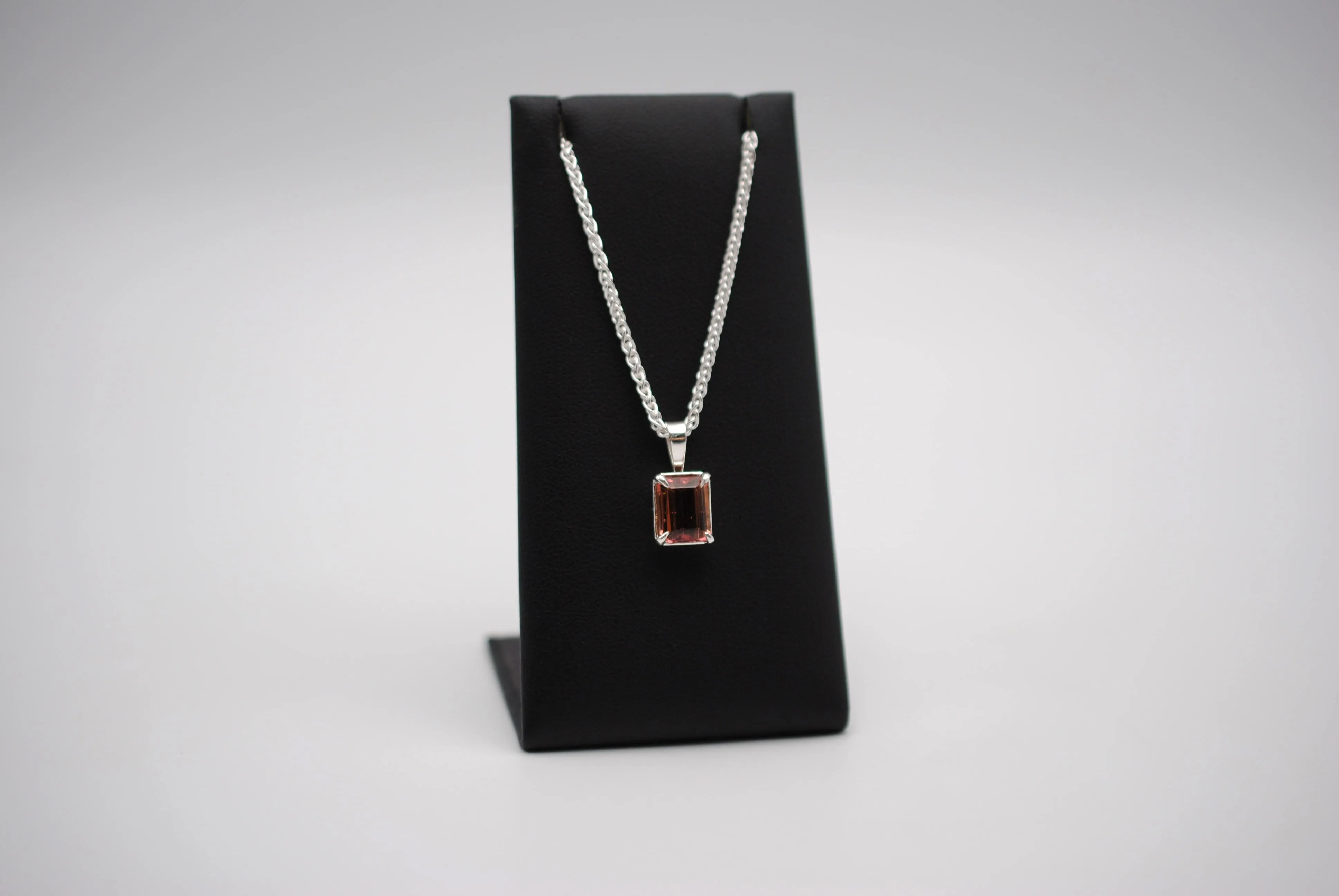 Pink Tourmaline Necklace: Emerald Cut, Silver Leaf Basket Setting, Silver Wheat Chain