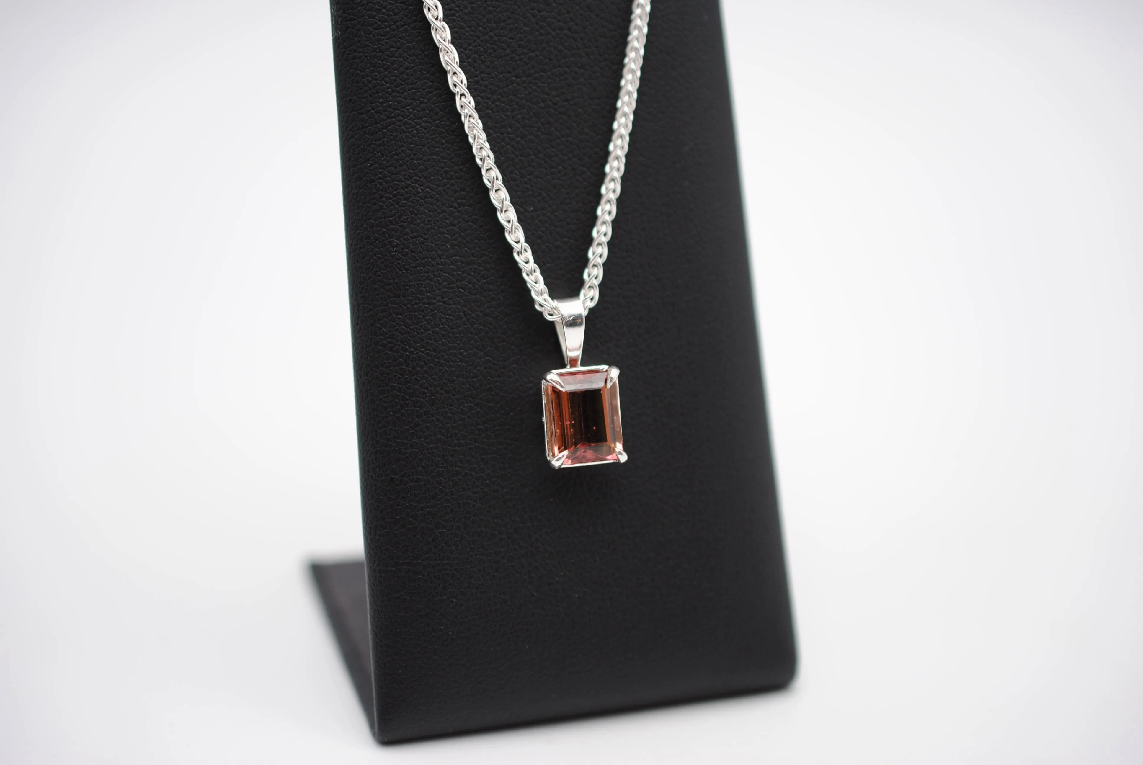 Pink Tourmaline Necklace: Emerald Cut, Silver Leaf Basket Setting, Silver Wheat Chain